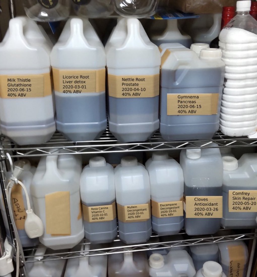 Shelves of labelled tincture bottles, each marked with the plant it was made from and 40% ABV